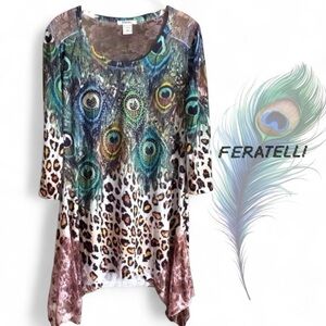 FERATELLI Peacock Feather Animal Print Tunic Top M Boho Resort Style